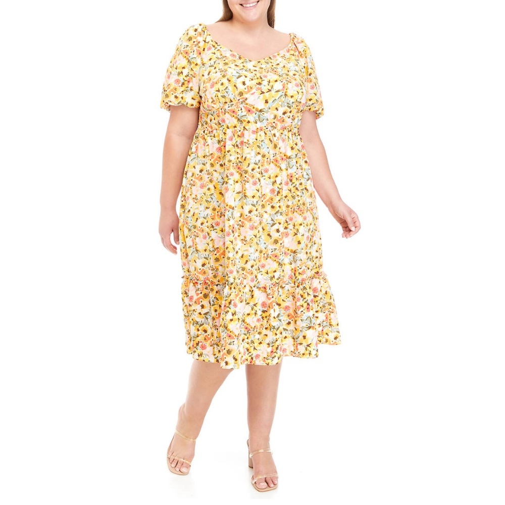 Luxology NWOT❗️Lux I Plus Size Short Puff Sleeve Floral Flounce MIDI Dress